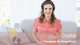  Presentation with listening woman - Audience pleasing PPT theme consisting of spruce branch under snow close up side view backdrop and a light gray colored foreground