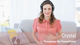  Presentation with listening woman - PPT theme featuring free pregnancy - peaceful pregnant woman relaxing listening background and a coral colored foreground