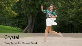  Presentation with white and black woman climbing ladders - Beautiful PPT theme featuring free profile - young happy brunette woman backdrop and a  colored foreground