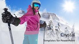  Presentation with outdoor activities - PPT theme featuring free purple - happy young woman skier enjoying background and a light gray colored foreground