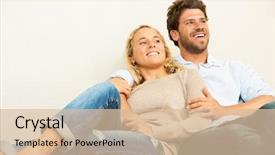  Presentation with broken home upset couple - PPT theme enhanced with free real estate - happy young couple at home background and a  colored foreground