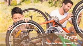  Presentation with free family - Slide set having free recreation family - father and son repairing bike background and a  colored foreground