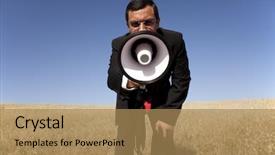  Presentation with recruitment - Presentation theme featuring free recruitment - businessman at the field shouting background and a coral colored foreground