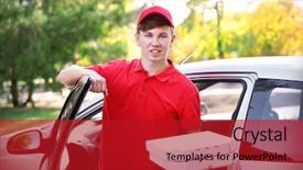  Presentation with delivery boy - Colorful presentation theme enhanced with free red template - pizza delivery boy holding boxes backdrop and a  colored foreground
