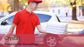  Presentation with delivery boy - Audience pleasing presentation theme consisting of free red template - pizza delivery boy holding boxes backdrop and a  colored foreground