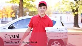  Presentation with delivery boy - Amazing slide set having free red template - pizza delivery boy holding boxes backdrop and a  colored foreground