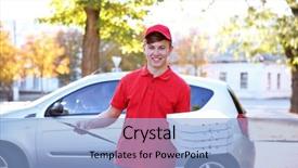 Presentation with delivery boy - Amazing theme having free red template - pizza delivery boy holding boxes backdrop and a  colored foreground