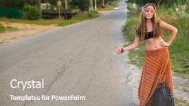  Presentation with hippie - Amazing PPT theme having free rock n roll - young hippie girl with backpack backdrop and a gray colored foreground
