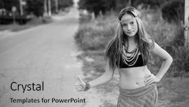  Presentation with black road - Slides enhanced with free rock n roll - young lovely hippie girl hitch background and a light gray colored foreground