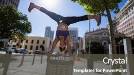  Presentation with bin - PPT layouts enhanced with free running - athletic woman performing handstand background and a dark gray colored foreground
