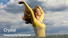  Presentation with spring - PPT theme consisting of beautiful festive woman smiling at camera against snowflakes and fir trees in green background and a light gray colored foreground