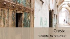  Presentation with prison door - PPT theme featuring free safety - grunge wooden bar door background and a coral colored foreground