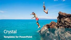  Presentation with jumping into the ocean - Presentation theme featuring free safety - summer fun friends cliff jumping background and a teal colored foreground