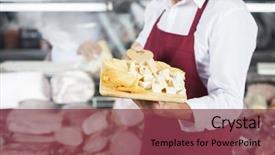  Presentation with cutting board - Slide set consisting of free samples - salesman holding cheese on cutting background and a tawny brown colored foreground