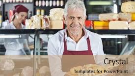  Presentation with salesman - Presentation design featuring free samples - smiling salesman holding various cheese background and a coral colored foreground