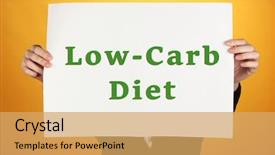  Presentation with diet low carb - PPT theme consisting of free samples - woman holding paper with low-carb background and a yellow colored foreground