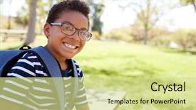  Presentation with free school - Slide deck featuring free school - young mixed race schoolboy background and a soft green colored foreground