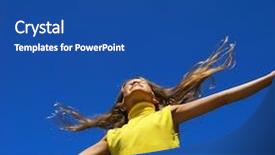  Presentation with sky blue and golden yellow - Slide deck featuring free season greeting holiday - young happy girl over blue background and a  colored foreground