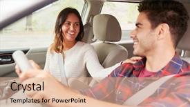  Presentation with race car - Amazing PPT theme having free seat belt - mixed race young couple driving backdrop and a coral colored foreground