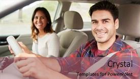  Presentation with race car - Slide set consisting of free seat belt - mixed race young couple driving background and a violet colored foreground