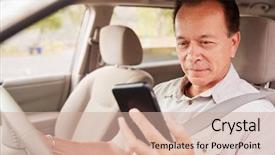  Presentation with sleepy yawning man driving car - Slide deck enhanced with free seat belt - senior man in car checking background and a coral colored foreground