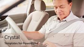  Presentation with car seat - Cool new PPT layouts with free seat belt - senior man in car using backdrop and a coral colored foreground