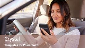  Presentation with car - Amazing slide set having free seat belt - young woman in car checking backdrop and a coral colored foreground