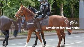  Presentation with free police - Beautiful slide deck featuring free security - mounted police patrolling street backdrop and a tawny brown colored foreground