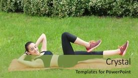  Presentation with exercise mat - Beautiful PPT theme featuring free self development - athletic young woman doing bicycle backdrop and a yellow colored foreground