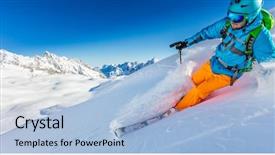  Presentation with alpine - Presentation theme featuring free slides - freerider skier running downhill background and a light blue colored foreground
