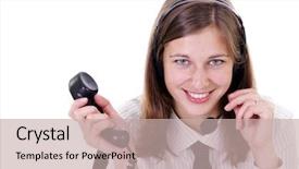  Presentation with headphones - Theme featuring free smiley - close-up face of smiling woman background and a  colored foreground