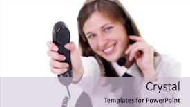  Presentation with headphones - Audience pleasing PPT layouts consisting of free smiley - close-up face of smiling woman backdrop and a  colored foreground
