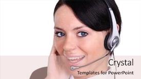  Presentation with headphones - Beautiful presentation design featuring free smiley - close-up face of smiling woman backdrop and a lemonade colored foreground