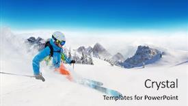  Presentation with helping man mountain - Theme with free snow - young man skiing on piste background and a white colored foreground