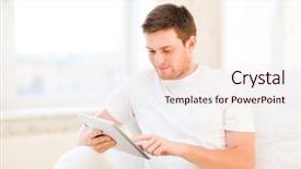  Presentation with networking - Presentation having free social networking - handsome man working with tablet background and a lemonade colored foreground