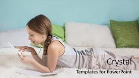  Presentation with teen girl tech - Slide set with free social networking - pre teen girl is relaxing background and a  colored foreground