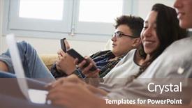  Presentation with home schoolng teens - Colorful presentation design enhanced with free social networking - teenage friends relax watching laptop backdrop and a  colored foreground