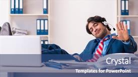  Presentation with office safety fatigue - PPT layouts featuring free stress management - young handsome businessman sitting background and a  colored foreground