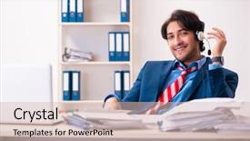  Presentation with plants in office - Theme enhanced with free stress management - young handsome businessman sitting background and a  colored foreground