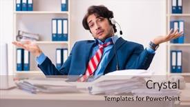  Presentation with office safety fatigue - Audience pleasing slide deck consisting of free stress management - young handsome businessman sitting backdrop and a  colored foreground