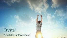  Presentation with young athletes box jumping - Theme enhanced with free success business - young man jumping on meadow background and a cool aqua colored foreground