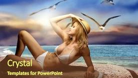  Presentation with three - Audience pleasing slides consisting of free sunset beach - beautiful blond woman in bikini backdrop and a tawny brown colored foreground