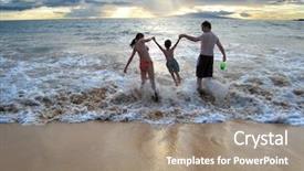  Presentation with family dreams of vacation - Slide set having free sunset beach - family enjoying their first summer background and a coral colored foreground