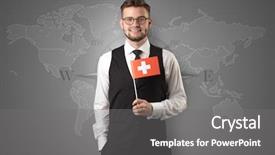  Presentation with businessman standing on mountain top - Colorful presentation design enhanced with free switzerland - cheerful businessman standing in front backdrop and a gray colored foreground