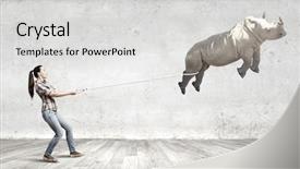  Presentation with flying - Presentation having free tame - young woman holding flying rhino background and a  colored foreground