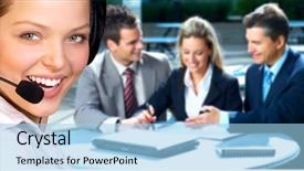  Presentation with business woman standing on maze - Presentation with team building free - beautiful business woman with headset background and a light blue colored foreground