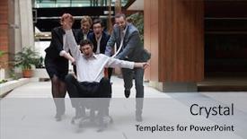  Presentation with office chair - Slide deck enhanced with team building free - business people group at modern background and a  colored foreground