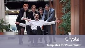  Presentation with office chair - Cool new slide deck with team building free - business people group at modern backdrop and a gray colored foreground