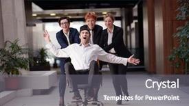  Presentation with office chair - Slide deck having team building free - business people group at modern background and a gray colored foreground