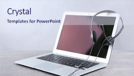  Presentation with laptop computers around the world backgroun - Presentation theme consisting of free technicial - laptop with headset on grey background and a sky blue colored foreground